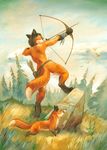  anthro arrow back bow_(weapon) breasts brown_hair butt canine digitigrade duo female feral fox fur grass hair mammal nude orange_fur outside pose ranged_weapon rock scale_(artist) side_boob standing tree weapon 