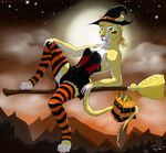  2015 anthro bag broom candy clothing cloud costume feline female food halloween hat holidays legwear leona lion looking_at_viewer mammal mist plejman ponytail shading sitting skirt smile solo star stockings tattoo teeth top 