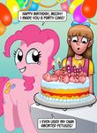  2013 all_fours balloon black_eyes bow_tie bracelet brown_hair cake candle clothed clothing curtsibling cutie_mark digital_media_(artwork) duo earth_pony english_text equine eyebrows eyelashes eyes_closed female fetus fire food friendship_is_magic fur grin hair horse human jewelry long_hair looking_away looking_down mammal my_little_pony open_mouth parody party pink_fur pink_hair pinkie_pie_(mlp) pony shirt simple_background smile speech_bubble table text watermark white_sclera 