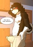  anthro baraking blush boxers_(clothing) bulge canine clothing cupboard dog door english_text erection husky looking_down male mammal morning_wood nipples precum solo text underwear 