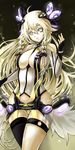  ahoge ass_visible_through_thighs bangs bare_shoulders between_breasts black_gloves black_legwear blonde_hair braid breasts cleavage cleavage_cutout cowboy_shot detached_sleeves empty_eyes fingerless_gloves gin_ji gloves glowing hair_between_eyes hair_over_shoulder headgear ia_(vocaloid) large_breasts long_hair looking_at_viewer no_panties see-through single_thighhigh solo speaker thigh_gap thighhighs twin_braids very_long_hair vocaloid vocaloid_append 