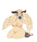  2013 avian beak bedroom_eyes bird black_eyes blush breasts chest_tuft claws digital_media_(artwork) eyebrows eyelashes feathers female fur half-closed_eyes kneeling lonbluewolf looking_at_viewer navel nipples nude owl seductive simple_background smile solo tuft white_background white_sclera wings 