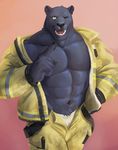  5_fingers abs biceps big_muscles black_fur black_nose clothing feline firefighter fur green_eyes hand_on_hip jacket looking_at_viewer male mammal muscular muscular_male navel one_eye_closed open_jacket open_mouth open_pants panther pants pawpads pecs simple_background smile solo teeth the_farewelled tongue whiskers wink 