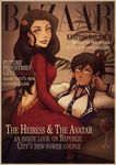  asami_sato avatar_(series) black_hair blue_eyes couch cover cup dress drinking_glass earrings english glass green_eyes hair_ornament iahfy jewelry korra magazine_cover multiple_girls ponytail red_dress sepia sitting sitting_on_lap sitting_on_person smile the_legend_of_korra wine_glass yuri 