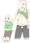  3_toes aged_up anthro asriel_dreemurr blush caprine clothing flower flowey_(character) front_view goat h155296 horn looking_at_viewer male mammal monster multiple_images necklace open_mouth open_pants orange_eyes pants pendant plant shirt shirt_lift solo standing tank_top toes undertale underwear video_games young 