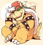  &lt;3 1boshi blush bowser chubby cuffs_(disambiguation) hair hand_on_head head_pat koopa leash male mario_bros nintendo red_hair scalie simple_background sitting solo tailwag unseen_character video_games 