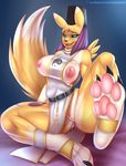  2015 3_toes anthro anus areola barefoot big_breasts black_sclera blue_eyes breasts claws clothed clothing digimon doomthewolf female foot_focus fur hat hindpaw looking_at_viewer nipples open_mouth pawpads paws presenting_feet pussy renamon solo taomon toe_claws toes yellow_fur 
