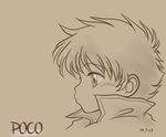  arc_the_lad brown_background character_name collar highres male_focus monochrome poco profile simple_background solo text_focus upper_body 