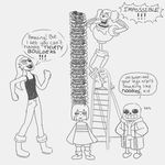  black_and_white blush bone clothing food footwear frisk_(undertale) hair human ladder mammal monochrome papyrus_(undertale) pasta plates ponytail sans_(undertale) scarf shoes skeleton smile spaghetti undertale undyne_(undertale) video_games 