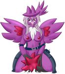  anthro avian belt breasts female holding_tail honchkrow kneeling nintendo nipples open_mouth pieismyfave pok&eacute;mon rosa shiny solo video_games 