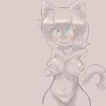  2015 animal_humanoid blue_eyes blush breast_grab breast_squeeze breasts cat cat_humanoid cute feline female hand_on_breast hi_res humanoid mammal monochrome nipples nude purple_background pussy simple_background solo tomo_(artist) 