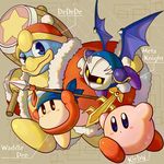  alien anthro armor avian bandanna bird black_eyes blue_eyes blush clothing coat english_text gloves group hammer hat king_dedede kirby kirby_(series) male mask melee_weapon meta_knight nintendo penguin polearm smile spear sword text tools unknown_artist video_games waddle_dee weapon wings winter_coat yellow_eyes 