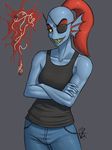  2015 anthro blue_skin clothed clothing eye_patch eyewear female fin fish food hair head_fin ldr marine monster pants pasta red_hair sharp_teeth shirt smile solo spaghetti teeth three-quarter_portrait undertale undyne video_games 