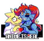 &lt;3 2015 alpha_channel alphys anthro blue_skin dinosaur duo ear_fins english_text eye_patch eyewear female female/female fin fish glasses grin hair inuki long_hair looking_at_viewer marine monster one_eye_closed red_hair sharp_teeth simple_background smile teeth text transparent_background undertale undyne video_games wink yellow_skin 