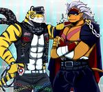  abs bearlovestiger13 clothed clothing duo feline half-dressed lion male mammal muscular muscular_male nipples pecs scarf tiger yellow_eyes 