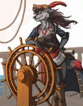  2015 anthro boots breasts canine cleavage clothed clothing corset fangs feathers female footwear fuckie green_eyes hat kaptainkelly looking_away mammal markings open_jacket pants pirate red_highlights red_markings rope sash ships_wheel smile solo water wolf 