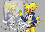  alternate_universe animatronic anthro avian bathroom bird bottomless breasts chicken clothed clothing female five_nights_at_freddy&#039;s five_nights_at_freddy&#039;s_2 half-dressed inkyfrog jacket looking_at_self machine mirror ponytail reflection robot sink smile solo toy_chica_(fnaf) video_games 