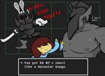  abs armor blush clothed clothing dragon frisk half-dressed human lagomorph mammal melee_weapon muscular nipples pat pecs protagonist_(undertale) rabbit rg01 rg02 royal_guards scalie sweat sword text topless undertale video_games weapon 