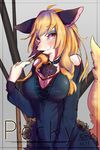  3doss anthro artist_request blonde_hair blush breasts canine cleavage clothed clothing dog english_text female food fox furry hair long_hair looking_at_viewer mammal multicolored_eyes pocky slit_pupils smile solo text 