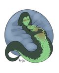  2012 anthro areola belly big_belly blush breasts english_text eyes_closed female gem green_hair green_scales hair hand_on_belly lying multi_breast naga nightfaux nipples nude on_back pregnant reptile scales scalie simple_background solo spots text white_background yasmine 