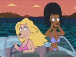  american_dad anthro bikini black_hair blonde_hair boat breasts brown_fur canine cleavage clothed clothing dog duo female fur hair half-closed_eyes looking_back mammal open_mouth penny_(character) screencap smile swimsuit tan_fur trish_(character) vehicle 