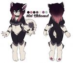  2014 bracelet breasts canine collar dog english_text female green_eyes hair jewelry mammal mixi_elkhound mixideer model_sheet nude purple_hair simple_background smile solo spiked_collar standing text white_background 