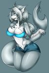  anthro areola breasts cafeoffender camel_toe clothed clothing female fish grey_background grey_hair grey_skin hair half-closed_eyes marine navel nipples open_mouth shark sharp_teeth simple_background smile solo teeth thick_thighs three-quarter_portrait tongue unzipped wide_hips 