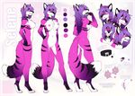  2015 anthro breasts canine chest_tuft collar digitigrade english_text f-r95 fangs female fox fur hair looking_at_viewer mammal model_sheet nipple_piercing nipples nude piercing purple_hair pussy selene_(boha) smile solo standing text tongue tongue_out tuft 