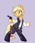  2015 alasou applejack_(mlp) biped blonde_hair clothing cosplay costume earth_pony equine female feral freckles friendship_is_magic fur green_eyes gun hair han_solo horse mammal my_little_pony orange_fur pony ranged_weapon short_hair simple_background solo star_wars weapon 