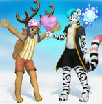  2015 anthro antlers blush cervine clothed clothing cotton_candy cute duo feline food fur hair horn jamesfoxbr lineless male mammal one_piece open_mouth paint reindeer simple_background smile staff standing tiger tony_tony_chopper 