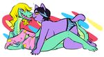  abstract_background all_fours big_breasts blonde_hair blush bratty_(undertale) breasts cat catty_(undertale) chubby clothed clothing crocodile duo erect_nipples erokero feline female female/female hair half-dressed lying mammal nipples on_back reptile scalie small_breasts tongue topless torn_clothing undertale video_games 