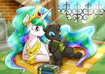  2015 ambiguous_gender book changeling crown cute daring_do_(mlp) duo equine female fence feral friendship_is_magic horn horse mammal my_little_pony outside pony princess_celestia_(mlp) reading tree vavacung winged_unicorn wings 