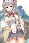  blue_eyes breasts kantai_collection kashima_(kantai_collection) large_breasts long_hair meru_(merumumu) military military_uniform miniskirt open_mouth silver_hair skirt smile solo tsurime twintails uniform 