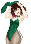  8000 animal_ears bow bowtie brown_eyes brown_hair bunny_ears bunny_tail bunnysuit detached_collar gradient_hair kantai_collection multicolored_hair mutsuki_(kantai_collection) one_eye_closed pantyhose short_hair solo standing tail wrist_cuffs 