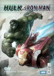  abs barcode black_hair blurry character_name clenched_teeth cover fake_cover green_eyes green_skin highres hulk iron_man lanbow2000 male_focus marvel multiple_boys muscle power_armor shirtless teeth veins 