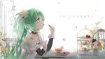  choker earrings eating flower food from_side gloves green_eyes green_hair hatsune_miku highres jewelry k.syo.e+ lace lace_gloves lock long_hair md5_mismatch padlock padlocked_collar pocky sitting solo stuffed_animal stuffed_dog stuffed_toy sweets vocaloid white_gloves 