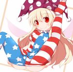  american_flag_dress american_flag_legwear ass blonde_hair clownpiece fairy_wings hat jester_cap leg_up long_hair looking_at_viewer nikku_(ra) no_panties pantyhose pantyhose_pull red_eyes sitting smile solo spread_legs striped striped_legwear touhou very_long_hair wings 