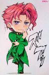  absurdres chibi earrings full_body gakuran highres jewelry jojo_no_kimyou_na_bouken jojo_pose kakyouin_noriaki kameron knee_up male_focus pink_hair pose purple_eyes school_uniform shadow signature solo standing standing_on_one_leg traditional_media 