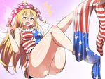  american_flag_dress american_flag_legwear ass blonde_hair bottomless breasts clownpiece commentary_request fairy_wings hat heart heart-shaped_pupils jester_cap laughing legs long_hair looking_at_viewer medium_breasts naked_shirt no_panties open_mouth pantyhose pantyhose_pull pink_eyes shinori shirt sitting sleeveless sleeveless_shirt solo steam striped striped_legwear symbol-shaped_pupils torch touhou very_long_hair wings 