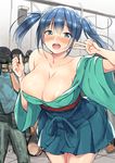  areola_slip areolae blue_eyes blue_hair blush body_mahattaya_ginga breasts camera cleavage collarbone commentary_request cosplay covered_nipples crowd japanese_clothes kantai_collection large_breasts off_shoulder open_mouth round_teeth short_hair sketch smile solo_focus souryuu_(kantai_collection) souryuu_(kantai_collection)_(cosplay) tareme teeth twintails v 