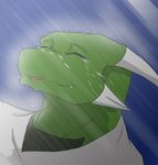  ambiguous_gender anthro clothed clothing crying drakesonofdraco eyes_closed green_scales horn outside raining sad scales scalie solo spikes tears 