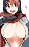  areola_slip areolae bangs black_eyes black_gloves black_hair blush bodysuit breasts breasts_apart center_opening gloves gomio_(bb-k) hair_between_eyes hair_ornament hairclip hand_on_own_chest happy highres large_breasts looking_at_viewer multicolored_hair no_bra parted_bangs red_eyes scarf simple_background sketch smile solo two-tone_hair unzipped upper_body white_background 