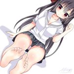  barefoot black_hair bow character_request dutch_angle feet foreshortening hair_bow long_hair looking_at_viewer pov_feet red_eyes saki_chisuzu school_uniform signature sitting skirt soles solo sweat toes wiggling_toes 