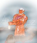  2015 5_fingers abs anso/rez anthro balls bath bathing beard biceps broken_horn butt dripping_wet facial_hair fangs flaccid hair horn hot_spring humanoid_penis landorus legendary_pok&eacute;mon male markings muscular muscular_male nintendo nude orange_skin outside partially_submerged pecs penis pok&eacute;mon simple_background soaked soap solo spots standing steam suds uncut vein veiny_penis video_games water watermark wet white_hair yellow_eyes 