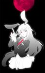  animal_ears blazer bunny_ears commentary_request finger_gun full_moon jacket looking_at_viewer moon nail_polish nanto_hanamaru necktie open_mouth red_eyes red_moon reisen_udongein_inaba skirt solo spot_color touhou upper_body 