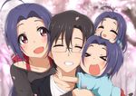  3girls ahoge blue_hair couple father_and_daughter glasses hitotsuki_nanoka idolmaster idolmaster_(classic) if_they_mated miura-san miura_azusa mother_and_daughter multiple_girls open_mouth producer_(idolmaster_anime) puchimasu! red_eyes short_hair 