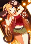  animal_ears bangs belt blonde_hair blue_eyes blush boots buckle charlotte_(anime) dutch_angle eyebrows eyebrows_visible_through_hair fake_animal_ears gloves hair_ribbon lamp lens_flare light long_hair looking_at_viewer microphone midriff navel nishimori_yusa one_eye_closed paw_gloves paw_pose paws ribbon rizky_(strated) shorts sleeveless solo standing standing_on_one_leg tail tank_top thigh_gap very_long_hair 
