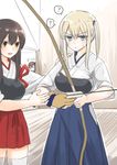  ? akagi_(kantai_collection) alternate_costume archery archery_dojo black_hair blonde_hair blue_eyes bow bow_(weapon) breasts brown_eyes commentary_request fukuroumori gloves graf_zeppelin_(kantai_collection) hair_ribbon hakama hakama_skirt hand_on_another's_arm hand_on_another's_shoulder hat hat_removed headwear_removed holding holding_weapon japanese_clothes kaga_(kantai_collection) kantai_collection kyuudou large_breasts long_hair multiple_girls muneate partly_fingerless_gloves red_hakama ribbon side_ponytail single_glove sleeves_rolled_up spoken_question_mark staring sweat tasuki teaching thighhighs twintails weapon white_legwear yugake 