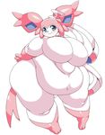  big_breasts blue_eyes bow breasts eeveelution female funi fur huge_breasts looking_at_viewer nintendo obese overweight pink_fur pok&eacute;mon simple_background solo sylveon thick_thighs video_games white_fur wide_hips 