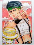  araki_hirohiko_(style) black_hair crop_top earrings frame green_eyes headband heaven's_door highres holding holding_pen jewelry jojo_no_kimyou_na_bouken kameron kishibe_rohan male_focus midriff pen signature stand_(jojo) suspenders traditional_media upper_body wristband 